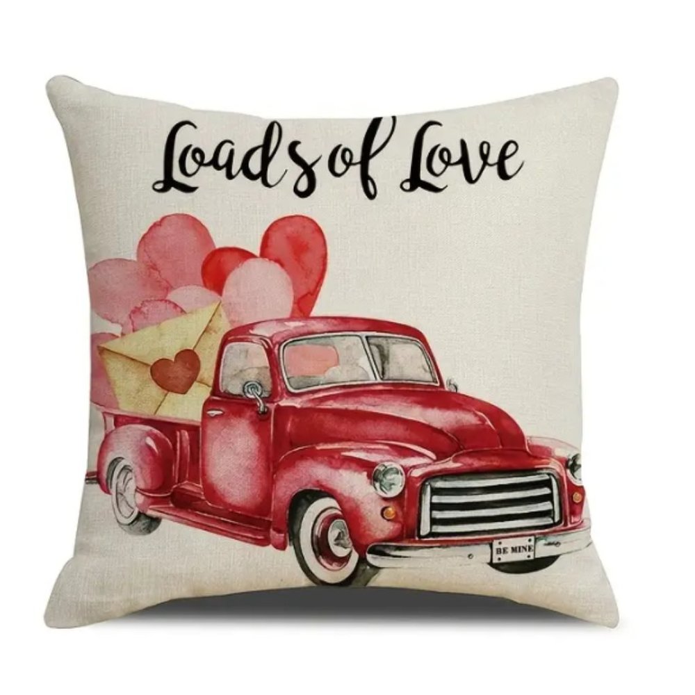 Red Hearts and Truck Print Accent Pillow Cover Home Decor Loads of Love